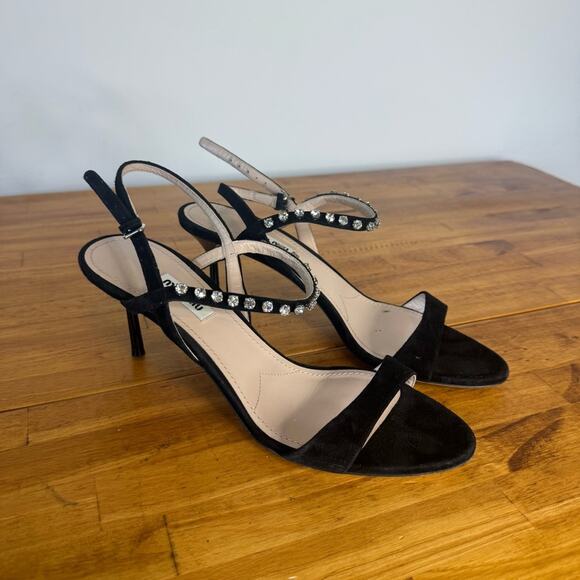 MIU MIU Black Suede Leather Crystal Rhinestone Ankle Strap Kitten Heels 40 - Picture 1 of 6